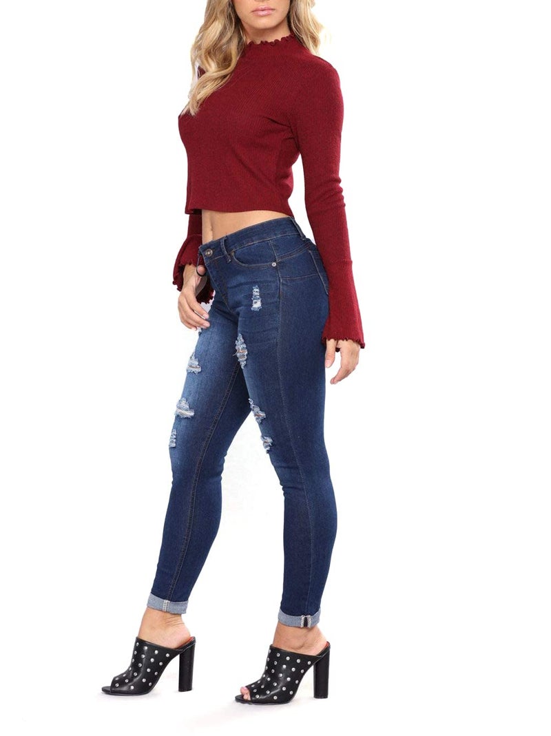 Skirt BL Women's High Waisted Stretch Ripped Skinny Jeans Juniors Destroyed Butt Lifting Denim Pants (Blue, US 18) - Image 5